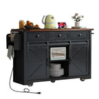 K&K 53.7' Farmhouse Kitchen Island with Power Outlet, 2 Sliding Barn Door Kitchen Storage Island with Drop Leaf, Spice Rack Rolling Kitchen Cart on Wheels, for Home, Kitchen and Dining Room, Black - Grand Goldman Shop