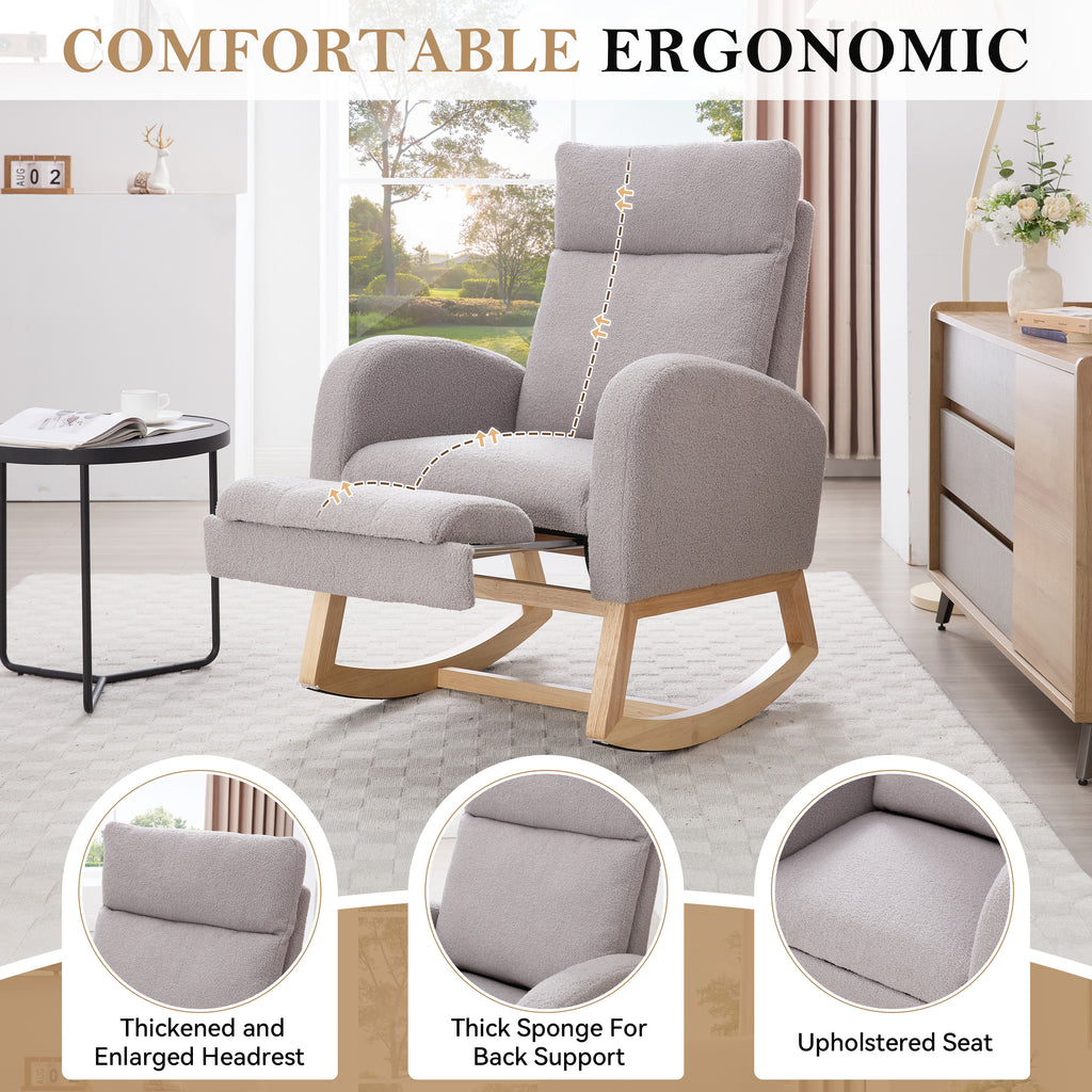 015B-Teddy Fabric Leisure Rocking Chair,Nursery Rocking Chair With Adjustable Footstool,Thickened Headrest And High Backrest, Storage Pocket On The Right Side,The Base Rocker Is Solid Wood,Light Gray - Grand Goldman Shop