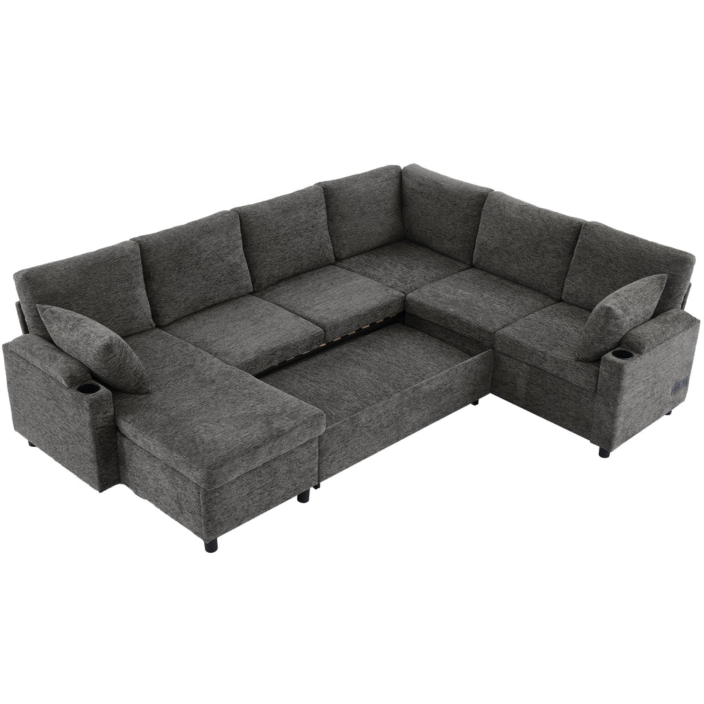 Versatile U-Shaped Sectional Sofa Bed with Storage, Cup Holders, Charging Ports in Grey Chenille - Grand Goldman Shop