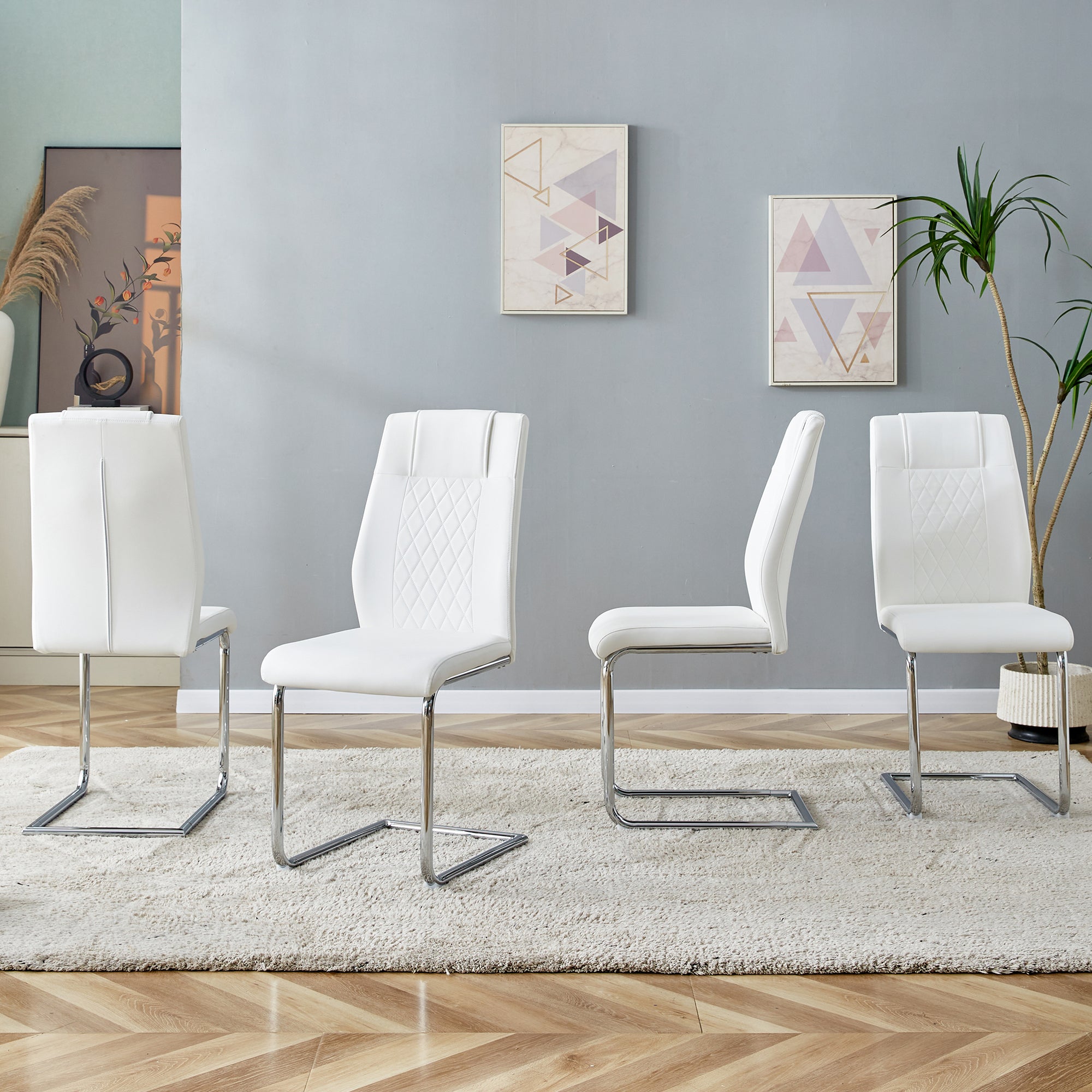 Modern Dining Chairs with Faux Leather Padded Seat and Metal Legs in White, Set of 4 - Grand Goldman Shop