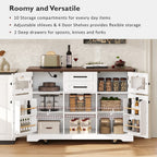 K&K 54.9' Kitchen Island with Drop Leaf, Power Outlet, Kitchen Storage Cart with 4 Door Shelves, Cross Barn Doors & Visual Glass Door, Rolling Kitchen Island on 4 Wheels for Kitchen, Dining Room,White - Grand Goldman Shop