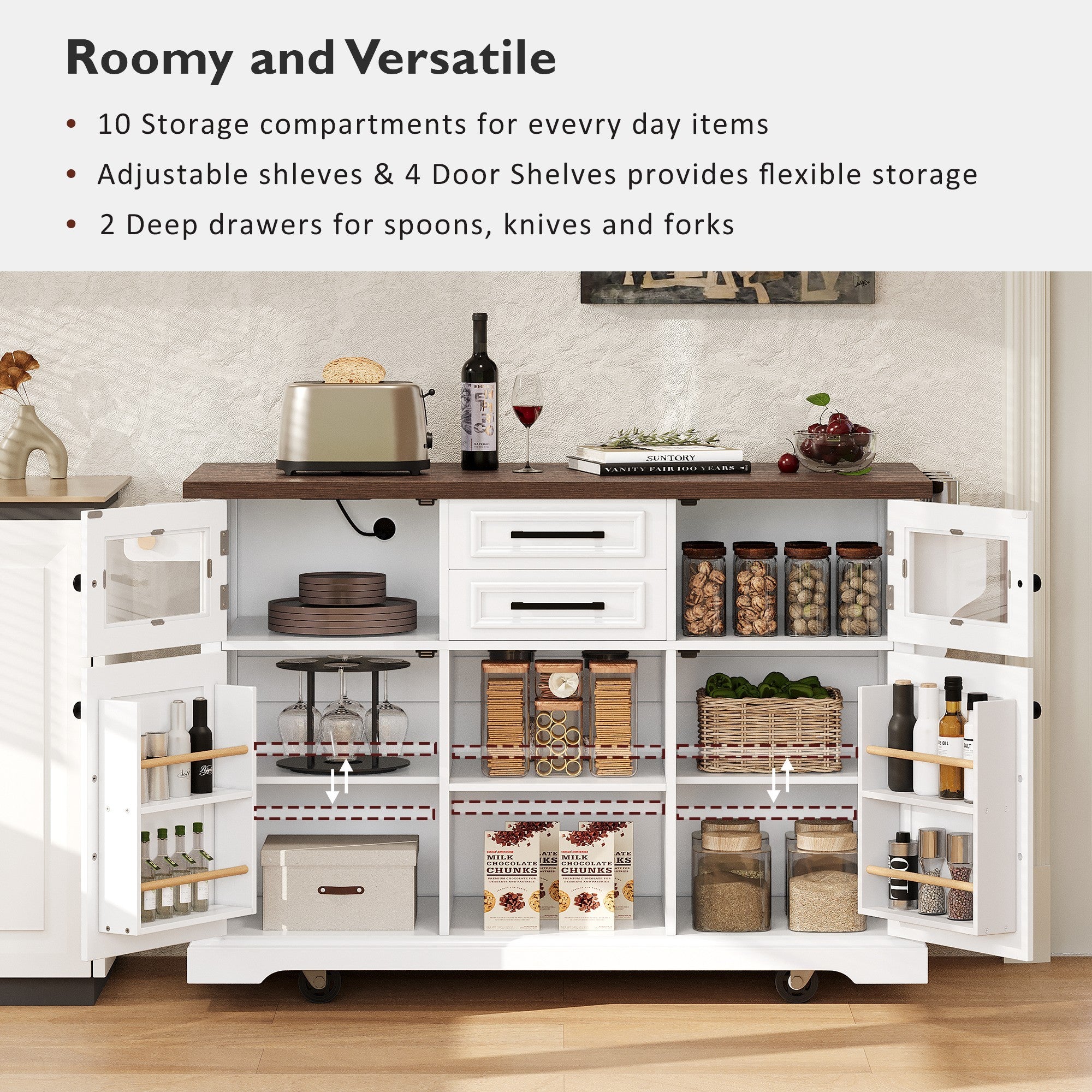 K&K 54.9' Kitchen Island with Drop Leaf, Power Outlet, Kitchen Storage Cart with 4 Door Shelves, Cross Barn Doors & Visual Glass Door, Rolling Kitchen Island on 4 Wheels for Kitchen, Dining Room,White - Grand Goldman Shop