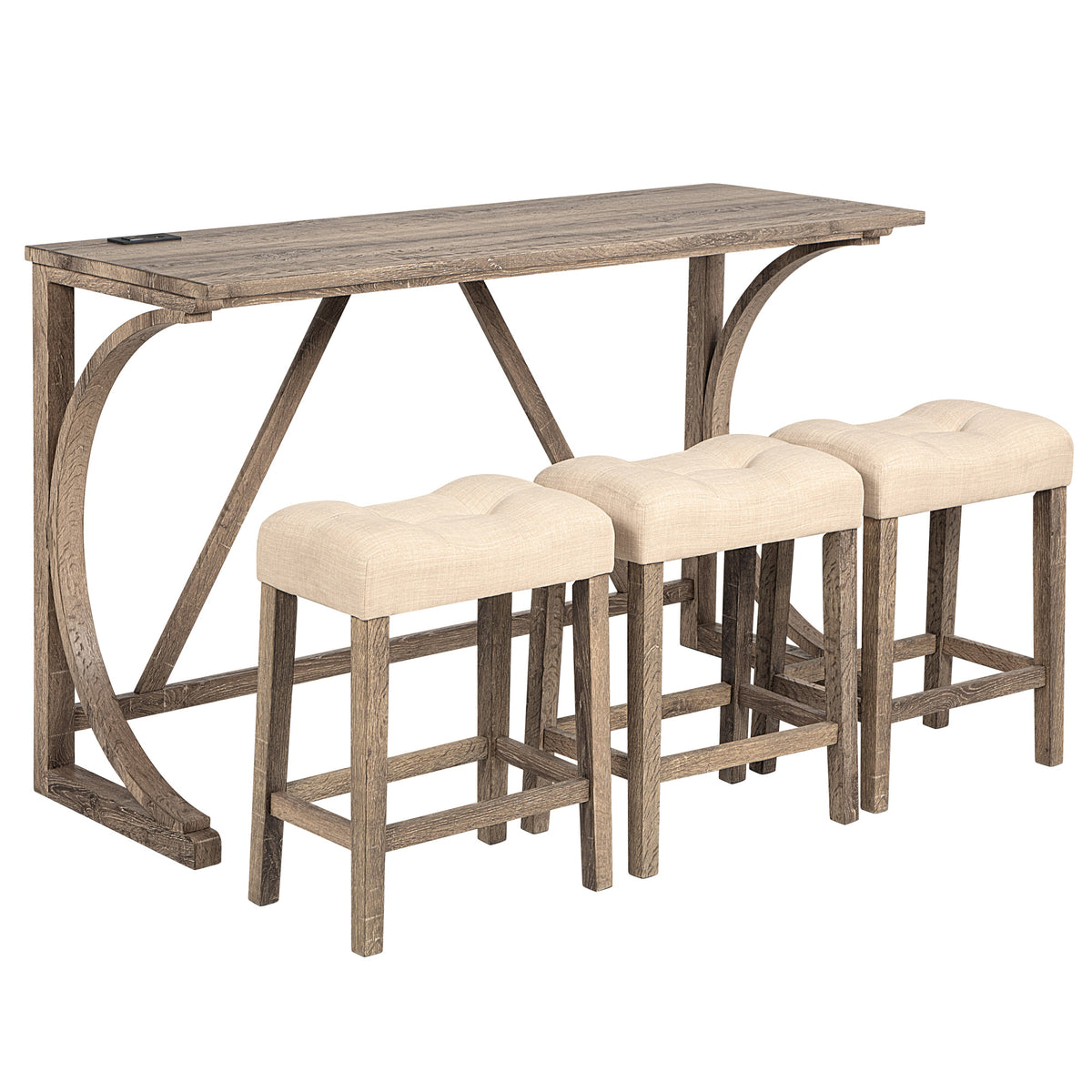 4-Piece Bar Table Set with Power Outlet, Dining Bar Table and Chairs Set, Bar Table Set with 3 Padded Stools for Living Room, Dining Room, Game Room, Brown - Grand Goldman Shop