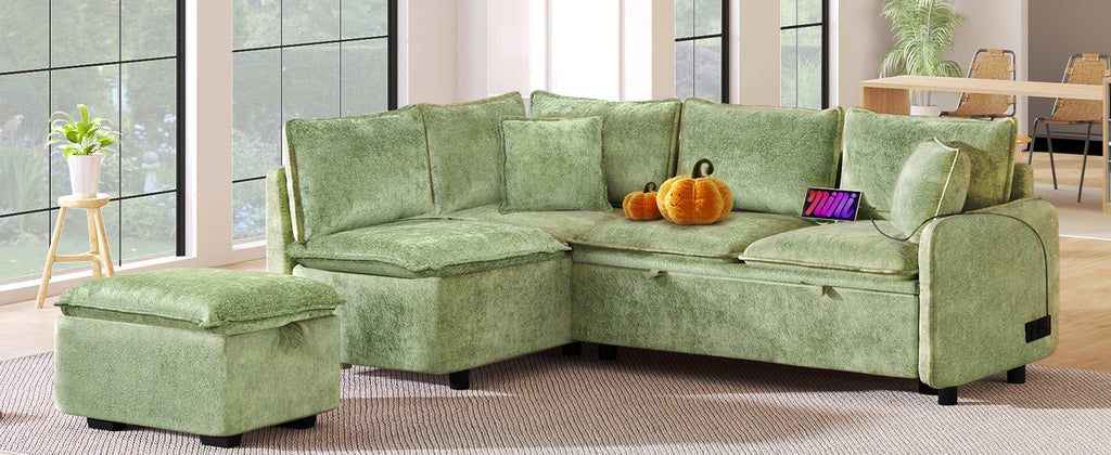 Convertible Sofa Bed Sectional Sofa Sleeper with Storage Ottoman, Green Chenille, 82.67 inches - Grand Goldman Shop
