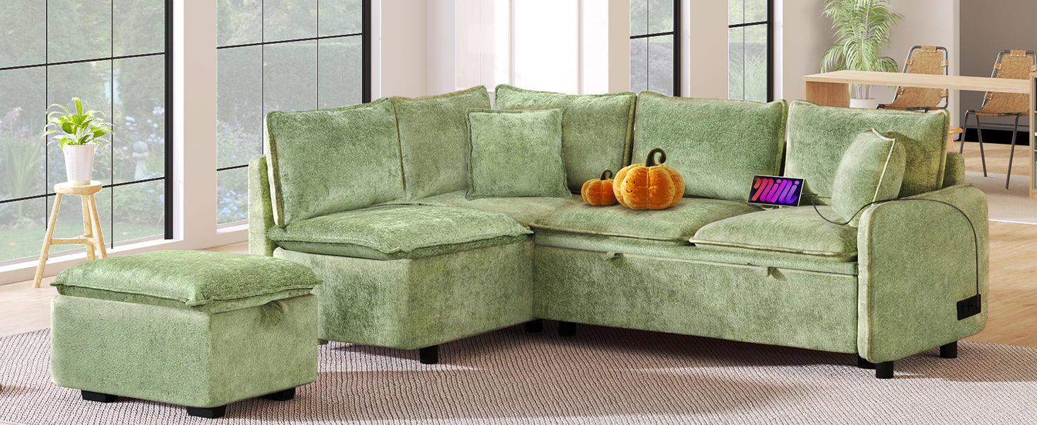 Convertible Sofa Bed Sectional Sofa Sleeper with Storage Ottoman, Green Chenille, 82.67 inches - Grand Goldman Shop