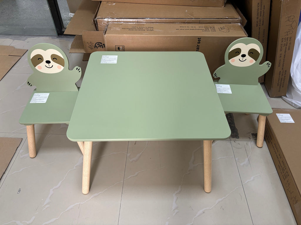 Kids Table and Chair Set with 2 Cute Sloth Chairs, Wooden Toddler Activity Table, Cute Animal Design Play & Study Set for Pla