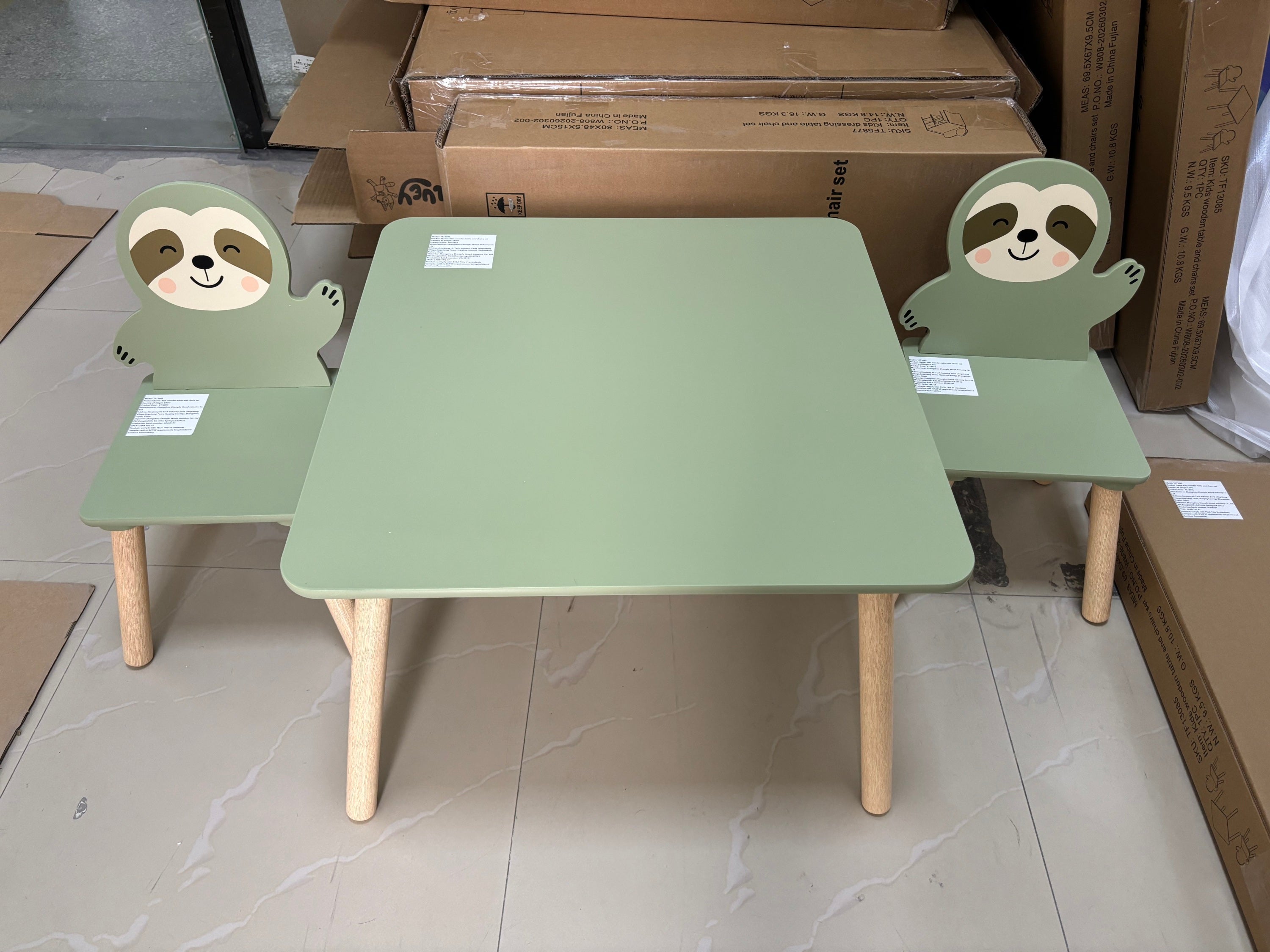 Kids Table and Chair Set with 2 Cute Sloth Chairs, Wooden Toddler Activity Table, Cute Animal Design Play & Study Set for Pla