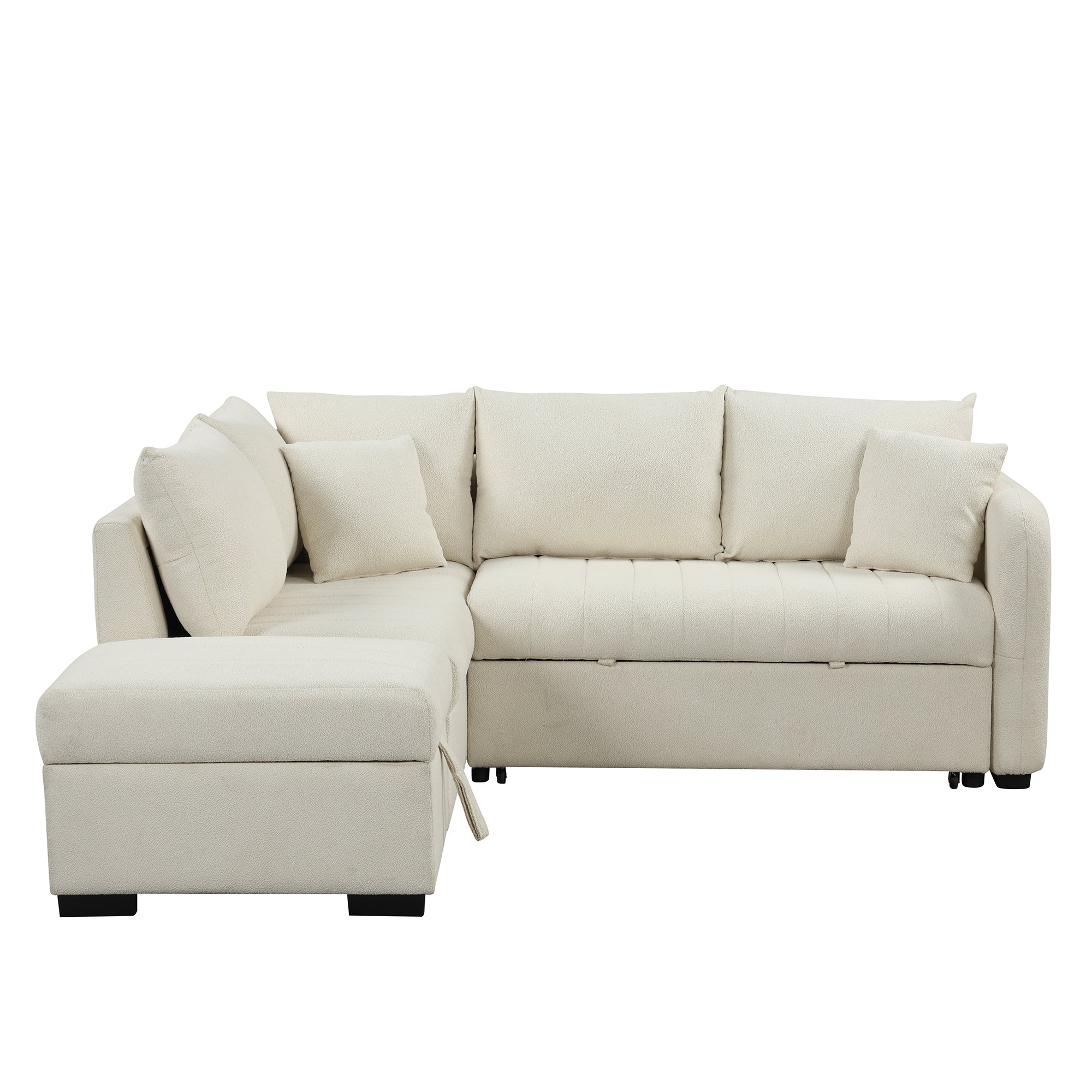 Modern L-shaped Sectional Pull Out Sofa Bed with USB Ports and Storage Ottoman, Beige, Jacquard Fabric, 82.6' - Grand Goldman Shop