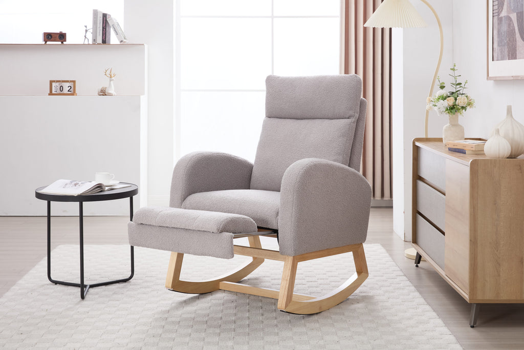 015B-Teddy Fabric Leisure Rocking Chair,Nursery Rocking Chair With Adjustable Footstool,Thickened Headrest And High Backrest, Storage Pocket On The Right Side,The Base Rocker Is Solid Wood,Light Gray - Grand Goldman Shop