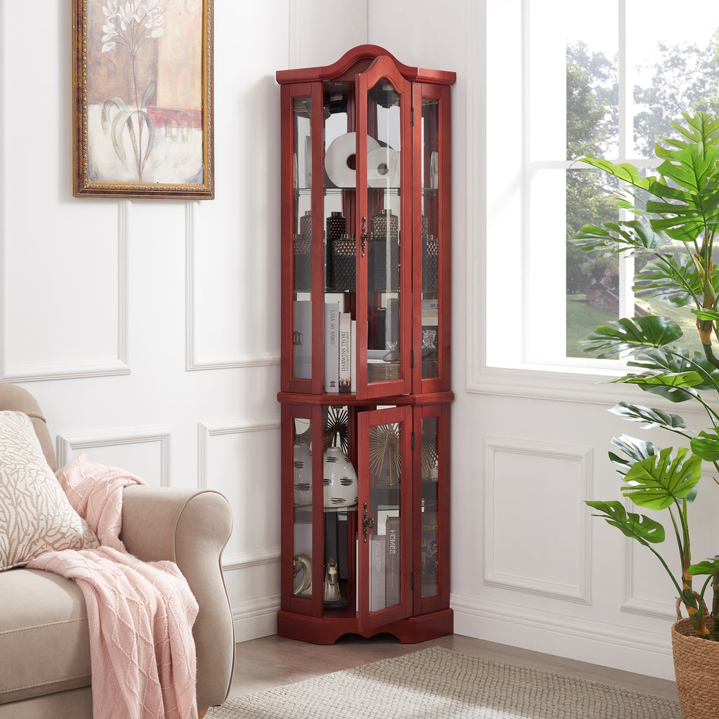 Curio Cabinet Lighted Glass Display Curio Cabinet w/Tempered Glass Doors and Shelves, Crown Corner Cabinet with Bulb, Corner Storage Decoration for Living room and Bedroom Cherry - Grand Goldman Shop
