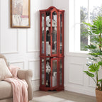 Curio Cabinet Lighted Glass Display Curio Cabinet w/Tempered Glass Doors and Shelves, Crown Corner Cabinet with Bulb, Corner Storage Decoration for Living room and Bedroom Cherry - Grand Goldman Shop