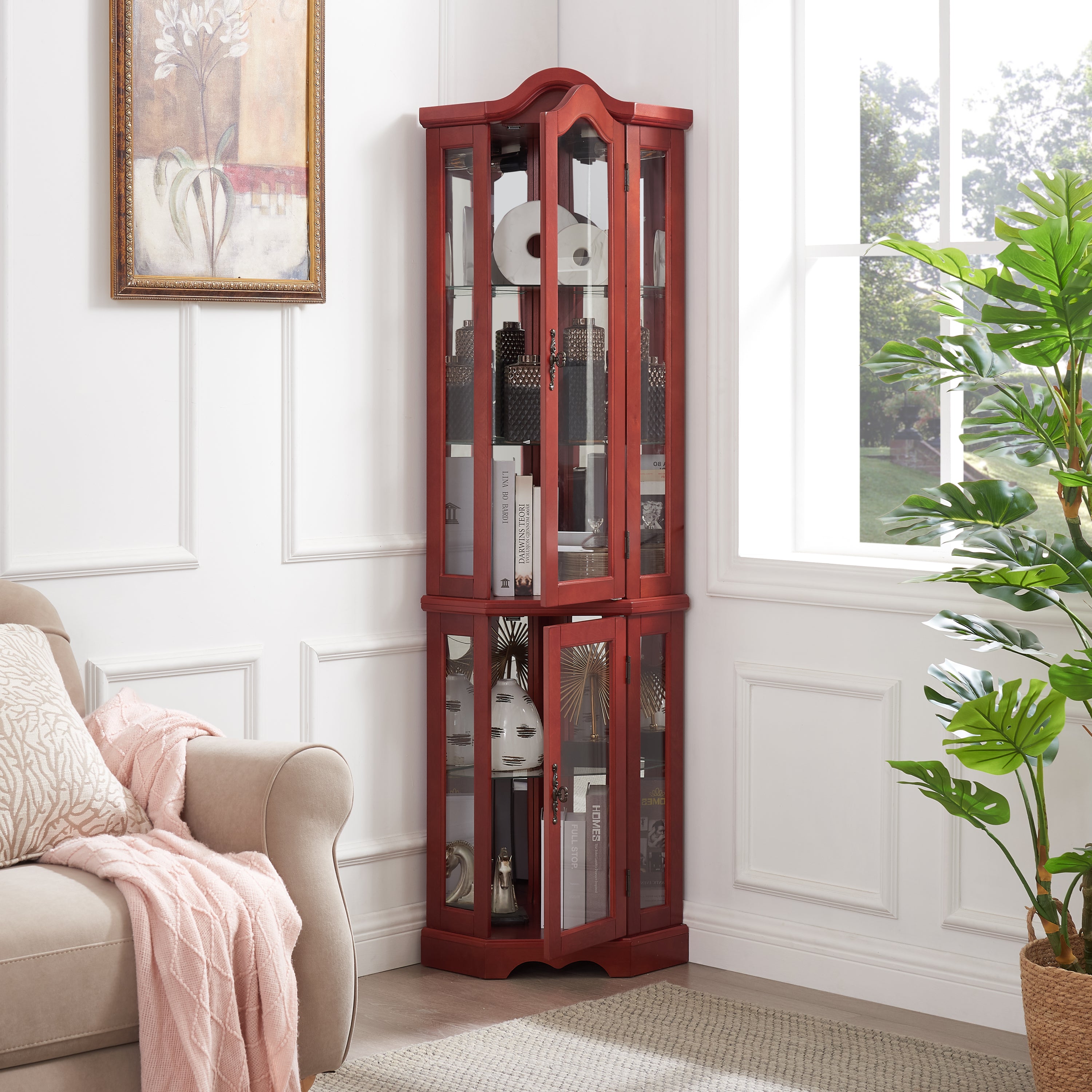 Curio Cabinet Lighted Glass Display Curio Cabinet w/Tempered Glass Doors and Shelves, Crown Corner Cabinet with Bulb, Corner Storage Decoration for Living room and Bedroom Cherry - Grand Goldman Shop