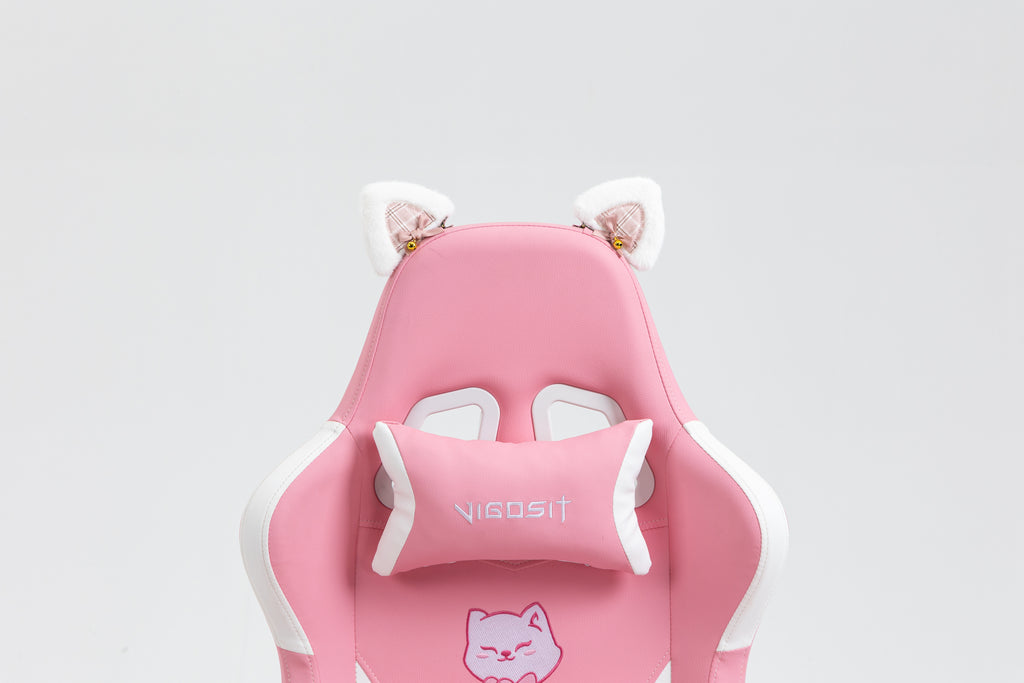 Cat Ears Pink Gaming Chair - Pink PU Leather Ergonomic Reclining Office Chair with Footrest, 310lb Capacity, 6-Position Recli