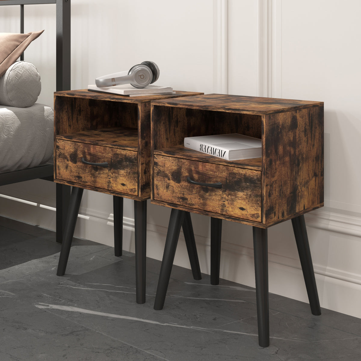Two Sets of Nightstand,Modern Bedside Table with Storage Drawer and Open Wood Shelf, for Living Room, Bedroom and Small Spaces, Accent Night Stand, Easy Assembly - Grand Goldman Shop