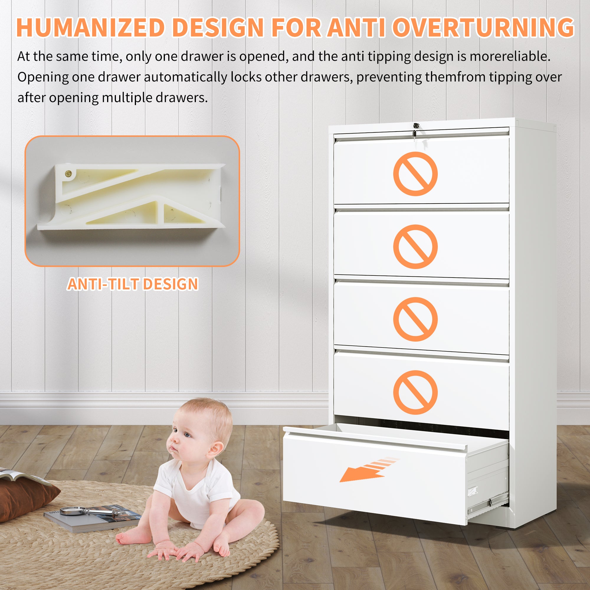 5 Drawer Metal Lateral File Cabinet , White Filing Cabinet with Lock, Lockable File Cabinet for Home Office, Locking Metal Fi