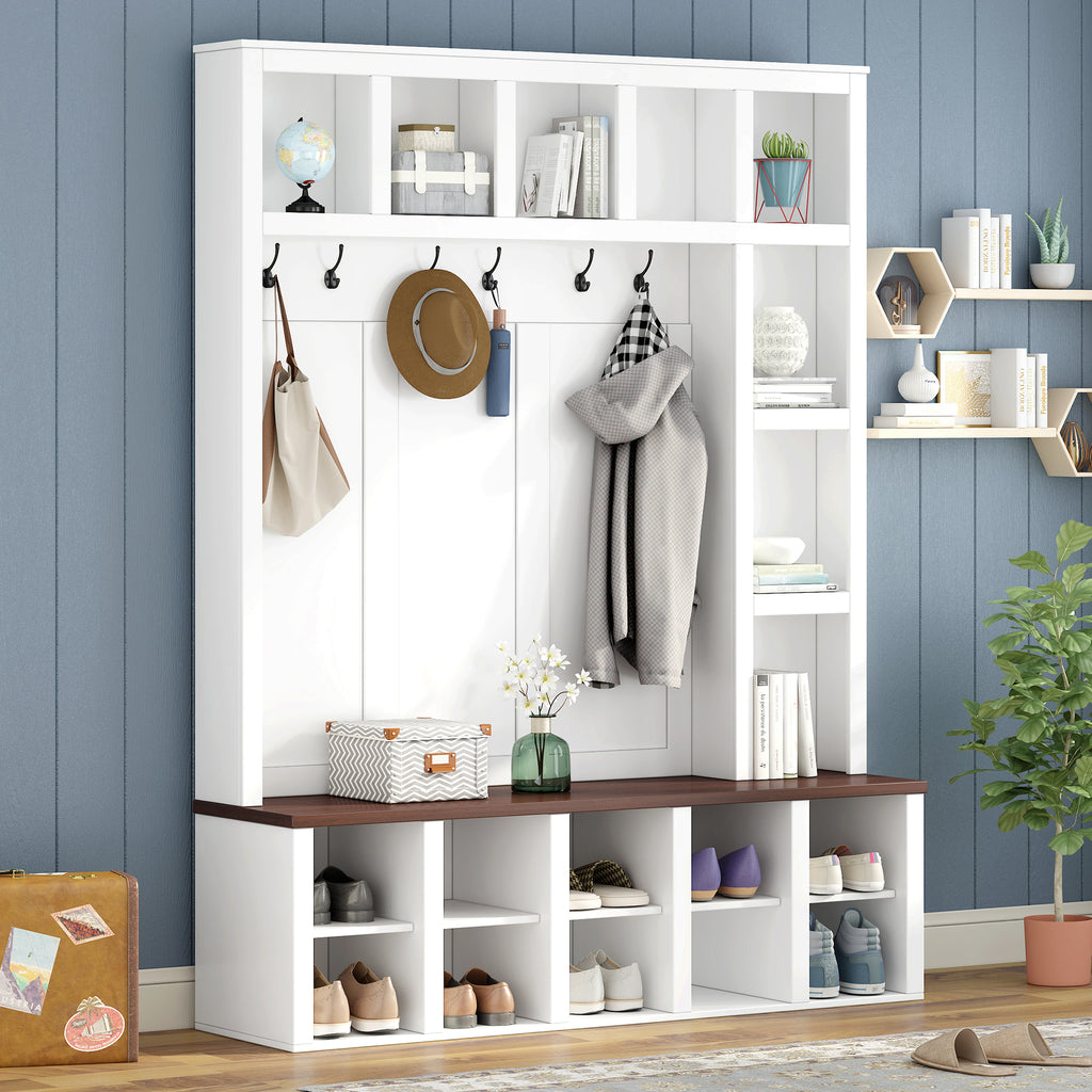 Farmhouse Wooden Hall Tree with 6 Hooks, Walnut Storage Bench with Adjustable Shelves, 4-in-1 Entryway Shoe Cabinet with Cubbies for Mudroom, Living Room, White, 76.7'H (OLD SKU: N721S000044K) - Grand Goldman Shop