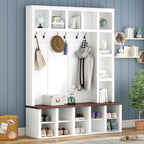 Farmhouse Wooden Hall Tree with 6 Hooks, Walnut Storage Bench with Adjustable Shelves, 4-in-1 Entryway Shoe Cabinet with Cubbies for Mudroom, Living Room, White, 76.7'H (OLD SKU: N721S000044K) - Grand Goldman Shop