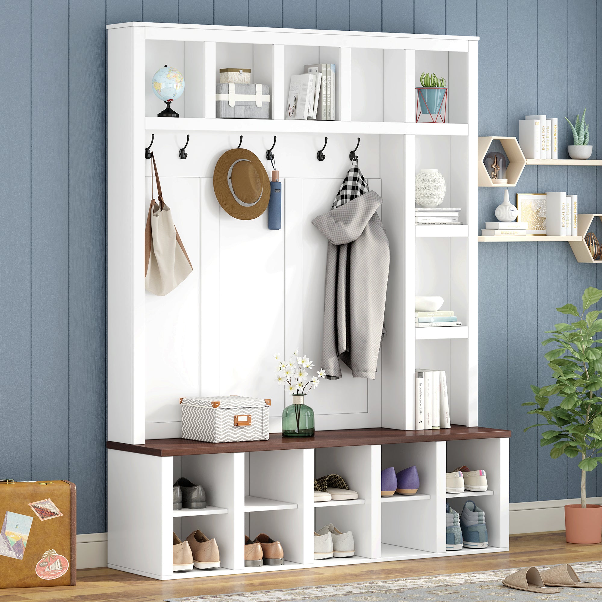 Farmhouse Wooden Hall Tree with 6 Hooks, Walnut Storage Bench with Adjustable Shelves, 4-in-1 Entryway Shoe Cabinet with Cubbies for Mudroom, Living Room, White, 76.7'H (OLD SKU: N721S000044K) - Grand Goldman Shop