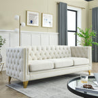 Modern Velvet Sofa with Button Tufting and Metal Legs, Beige Upholstered Couch for Living Room or Bedroom, 3-Seater, W834S00023 - Grand Goldman Shop