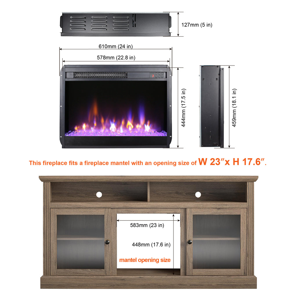 23 inch electric fireplace insert, ultra thin heater with crystal  & realistic flame, remote control with timer, overheating protection,with sidelight - Grand Goldman Shop