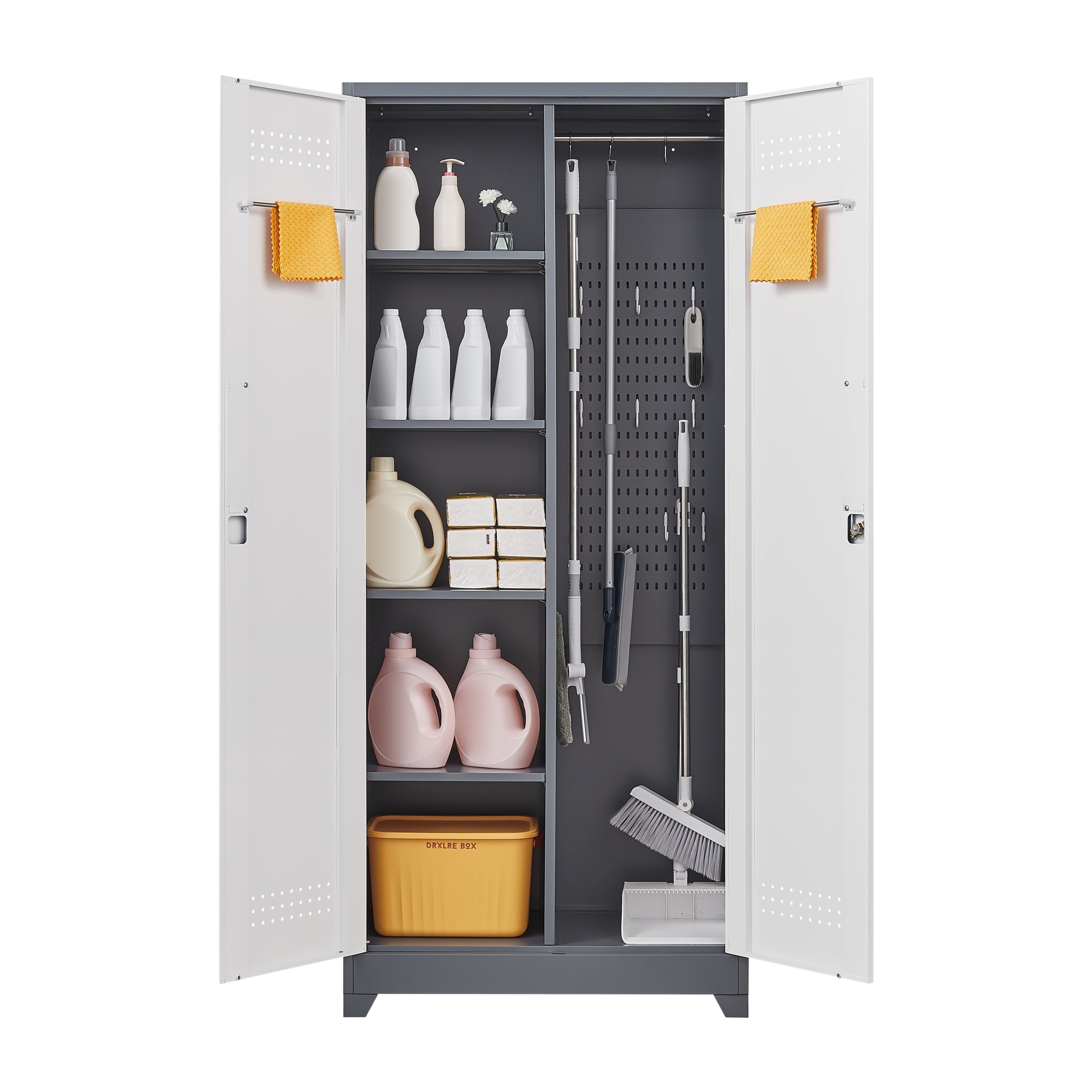 Gray Metal Lockers with Locking Doors, Adjustable Shelves, High Broom Tool Storage Cabinet, 72-Inch Kitchen, Office, Shop Org