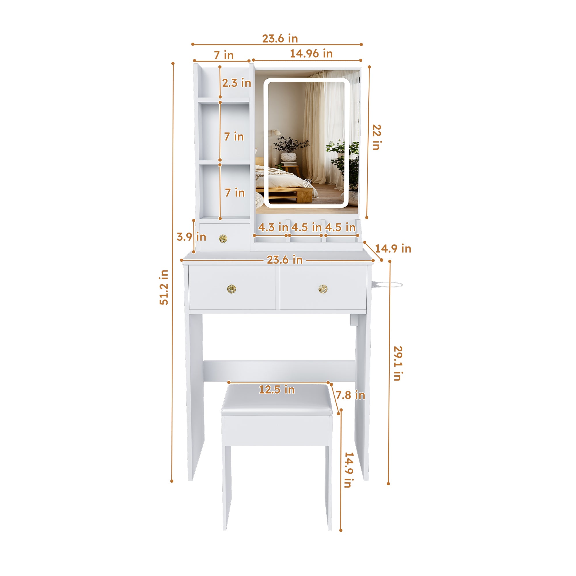 Modern White Vanity Desk with 3 LED Lighting Modes, 3 Drawers, Open Shelves, Hair Dryer Holder, and Dressing Chair - MDF Construction - Grand Goldman Shop