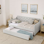 Beige Linen Upholstered Twin Daybed with Pop-up Trundle and USB Charging Armrest - Grand Goldman Shop