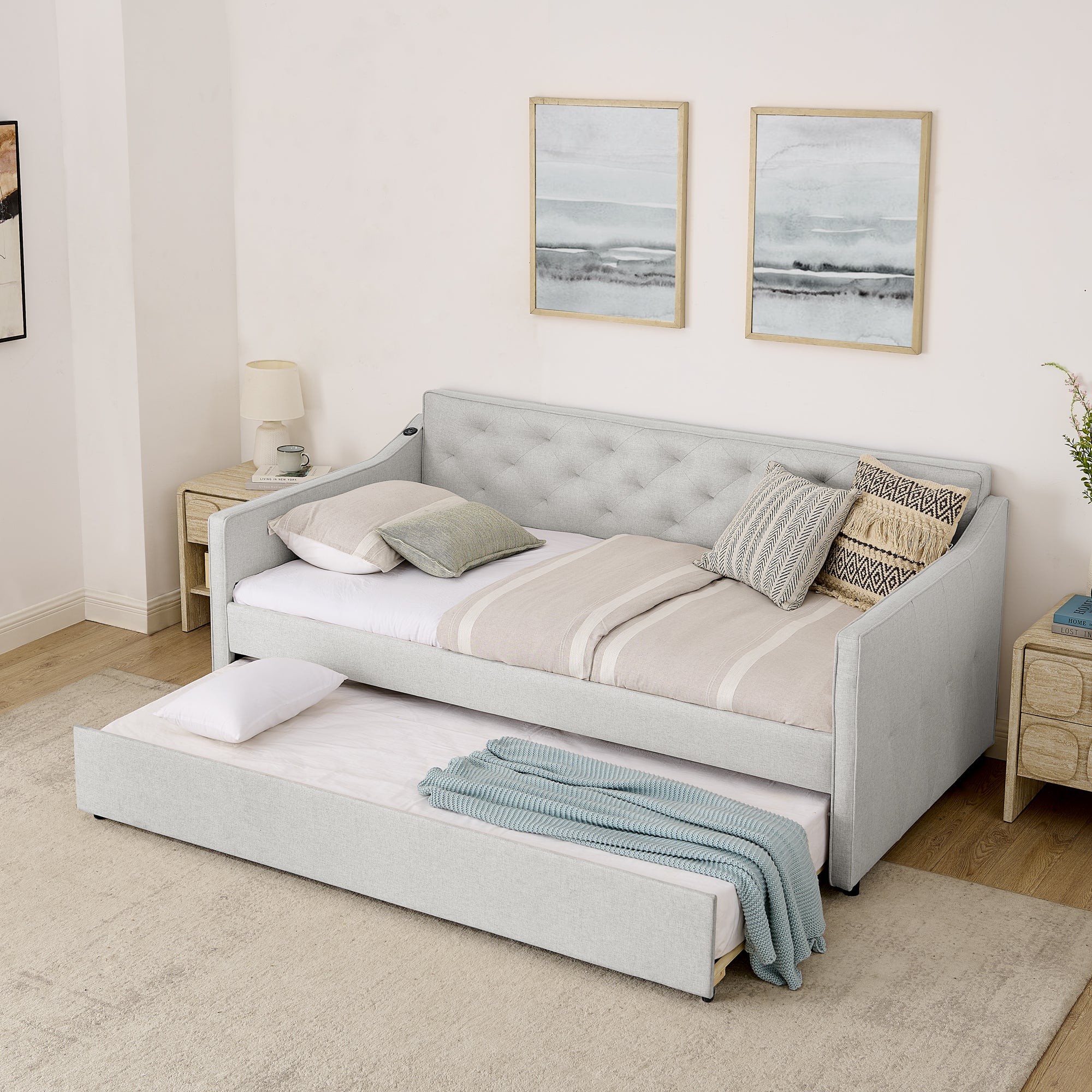 Beige Linen Upholstered Twin Daybed with Pop-up Trundle and USB Charging Armrest - Grand Goldman Shop