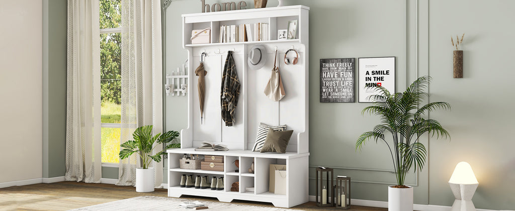 Modern Hallway Hall Tree with Metal Hooks and Storage Space, Multi-Functional Entryway Coat Rack with Shoe Cubbies, White - Grand Goldman Shop