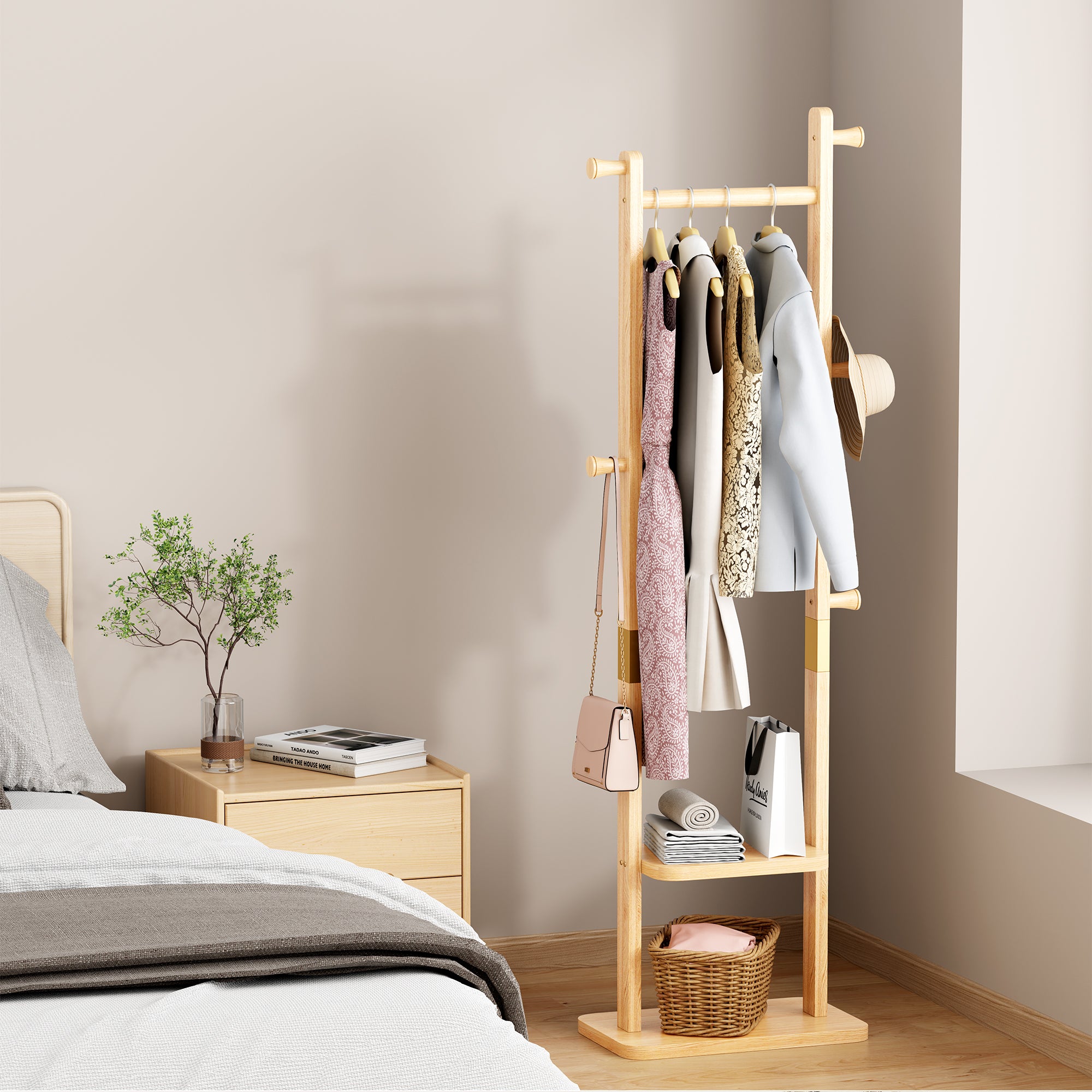 Coat Racks solid wood hanger 18.9* 11.8*71in Solid environmental protection easy to assemble beautiful can be placed in the bedroom/entrance/living room (wood color) - Grand Goldman Shop