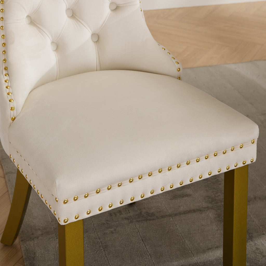 A&A Furniture, Nikki Collection Modern, High-end Tufted Solid Wood Contemporary Velvet Upholstered Dining Chair with golden Wood Legs Nailhead Trim 2-Pcs Set, Milky White,SW1401MW - Grand Goldman Shop