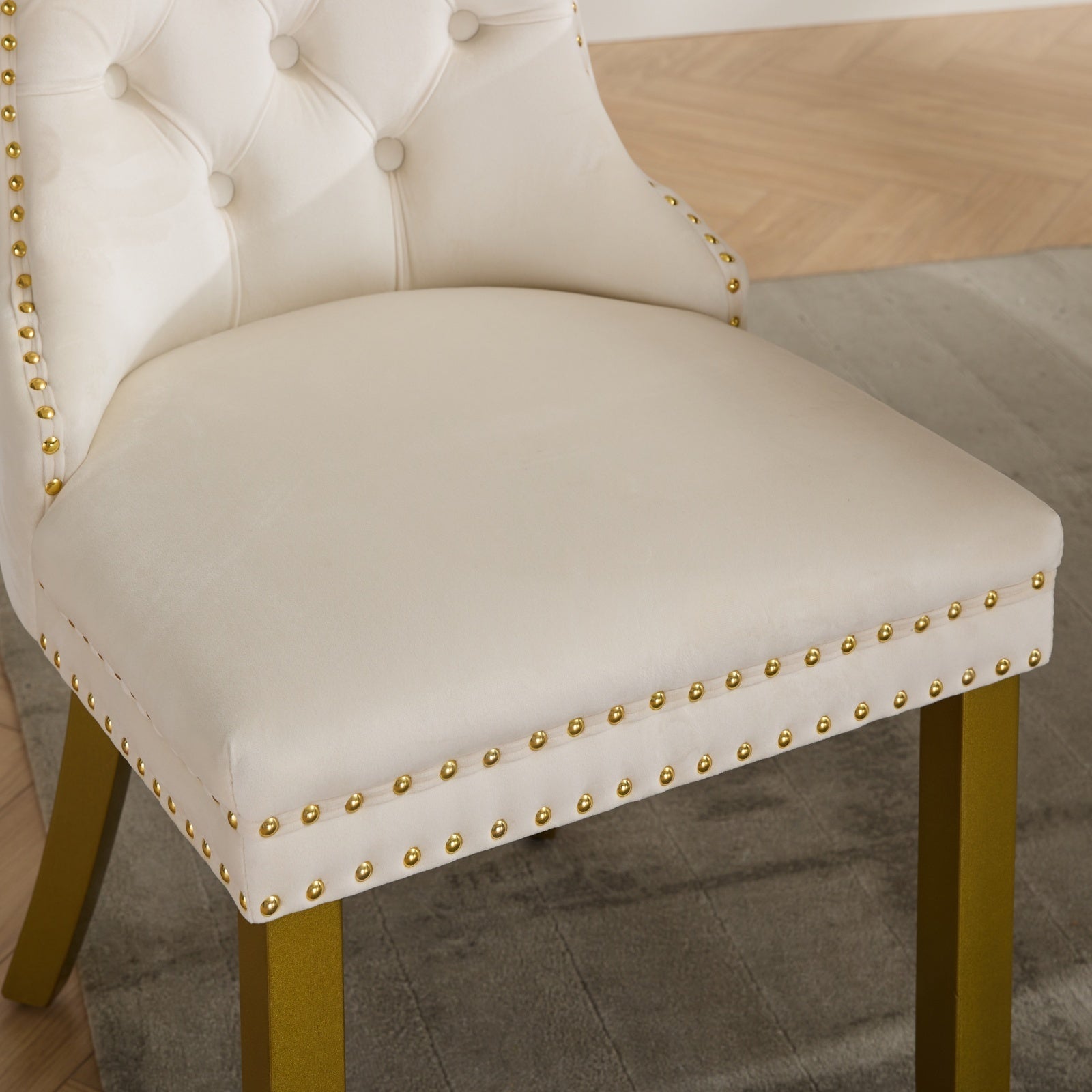 A&A Furniture, Nikki Collection Modern, High-end Tufted Solid Wood Contemporary Velvet Upholstered Dining Chair with golden Wood Legs Nailhead Trim 2-Pcs Set, Milky White,SW1401MW - Grand Goldman Shop