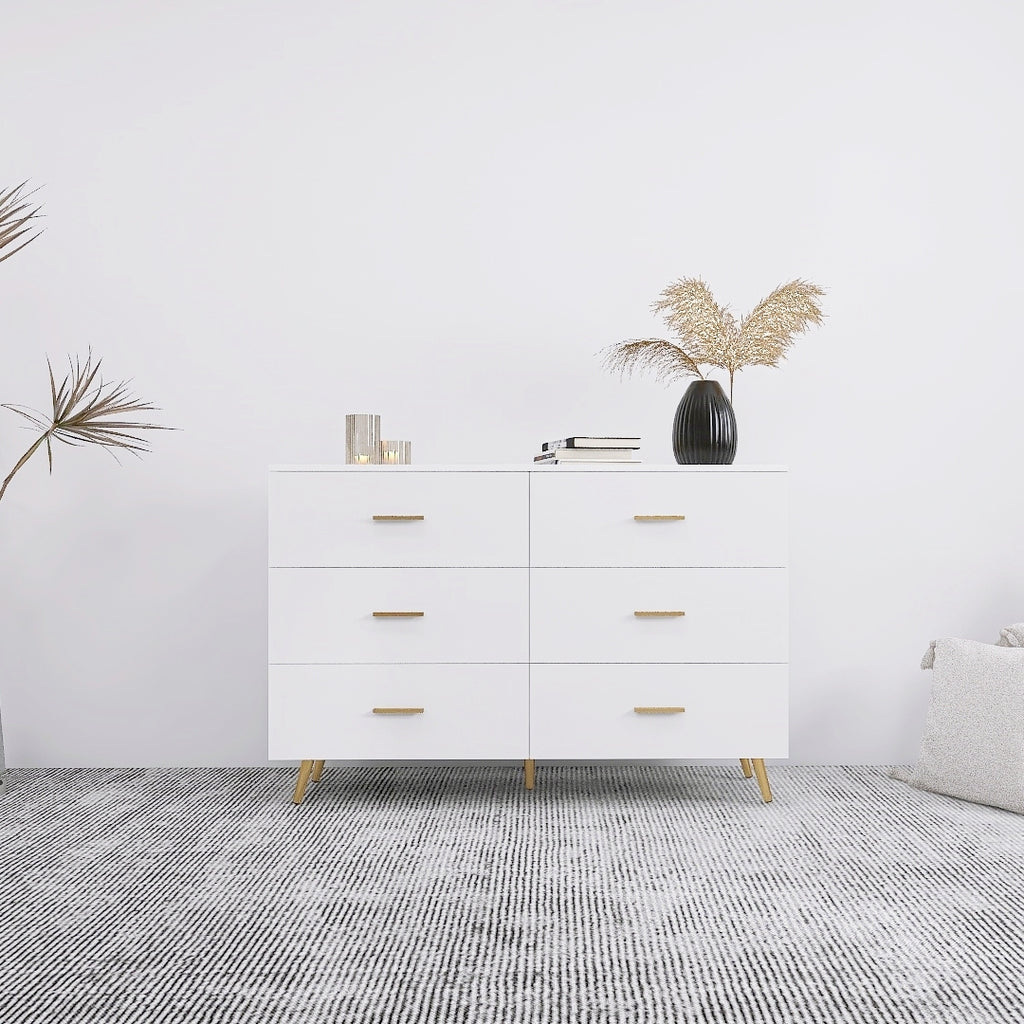 High Glossy Surface 6 Drawers Chest of Drawer with Golden Handle and Golden Steel Legs White Color Vanity - Grand Goldman Shop