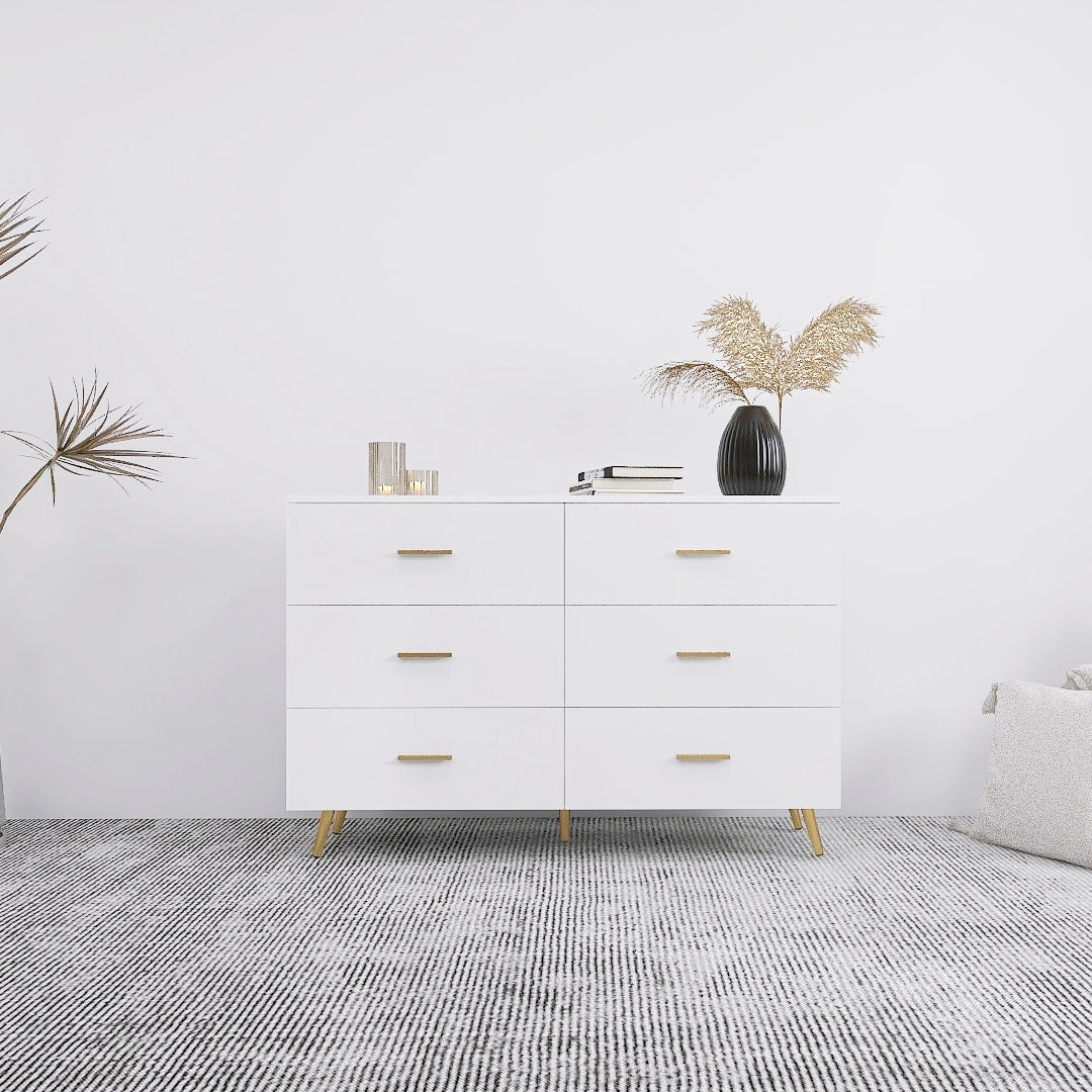 High Glossy Surface 6 Drawers Chest of Drawer with Golden Handle and Golden Steel Legs White Color Vanity - Grand Goldman Shop