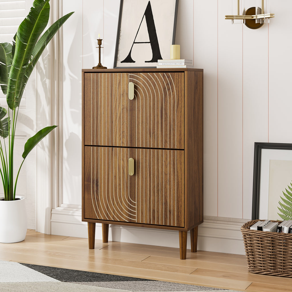 Modern Minimalist Shoe Storage Cabinet with 2 Flip Drawers and Metal Handles in Gold, Particle Board MDF Pine Wood, 23.6'W - Grand Goldman Shop