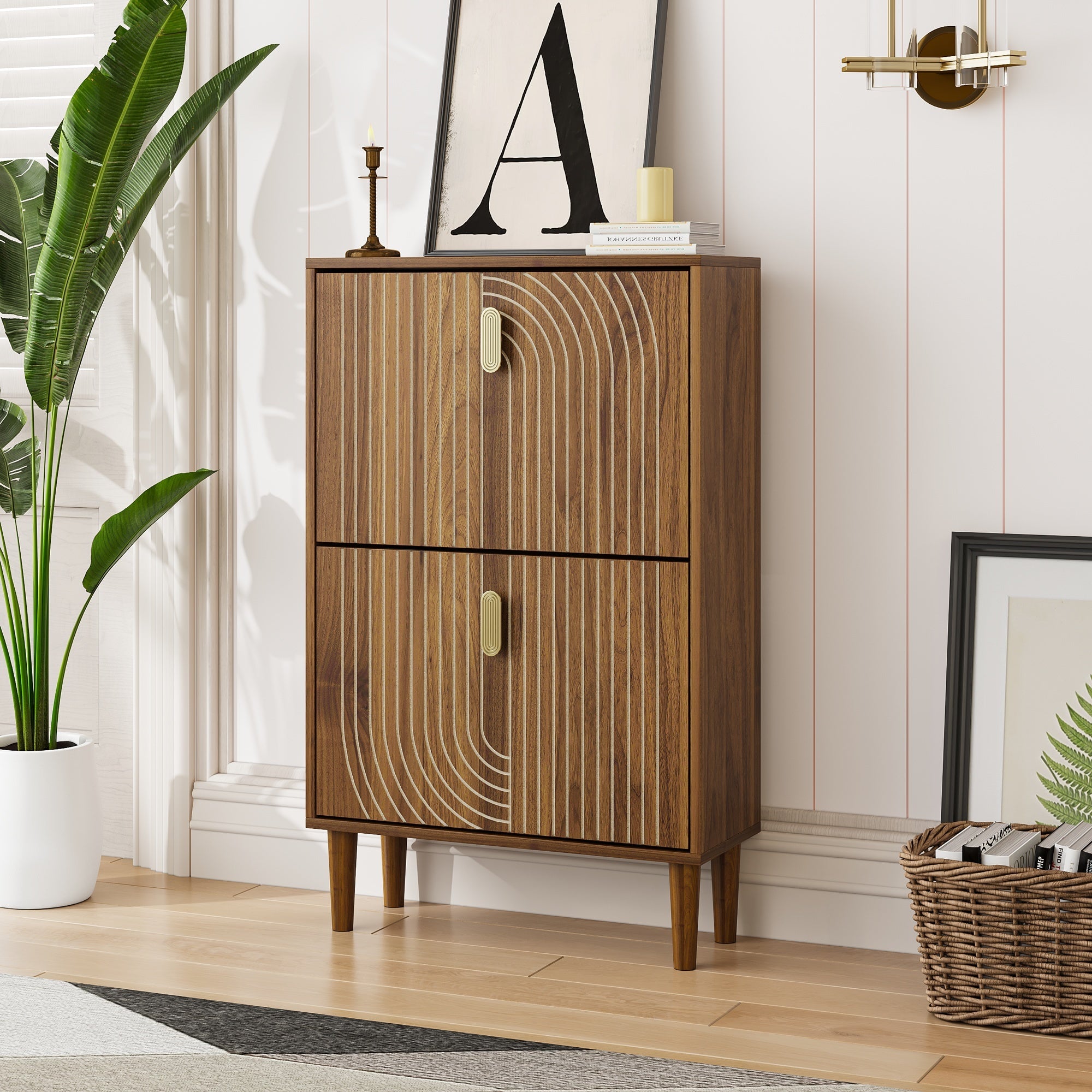 Modern Minimalist Shoe Storage Cabinet with 2 Flip Drawers and Metal Handles in Gold, Particle Board MDF Pine Wood, 23.6'W - Grand Goldman Shop