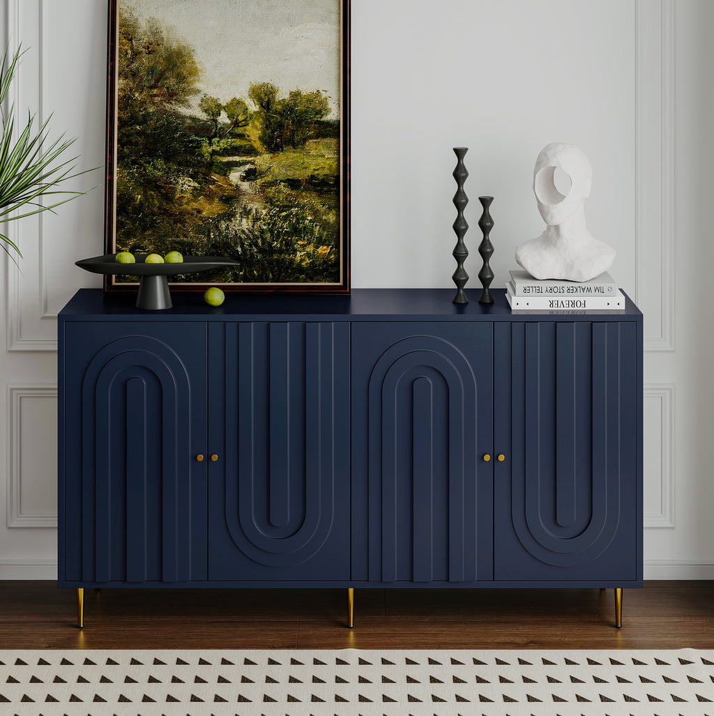 Modern Blue Lacquered 4 Door Wooden Cabinet Sideboard Buffet Server Cabinet Storage Cabinet, for Living Room, Entryway, Hallway, Office, Kitchen and Dining Room - Grand Goldman Shop