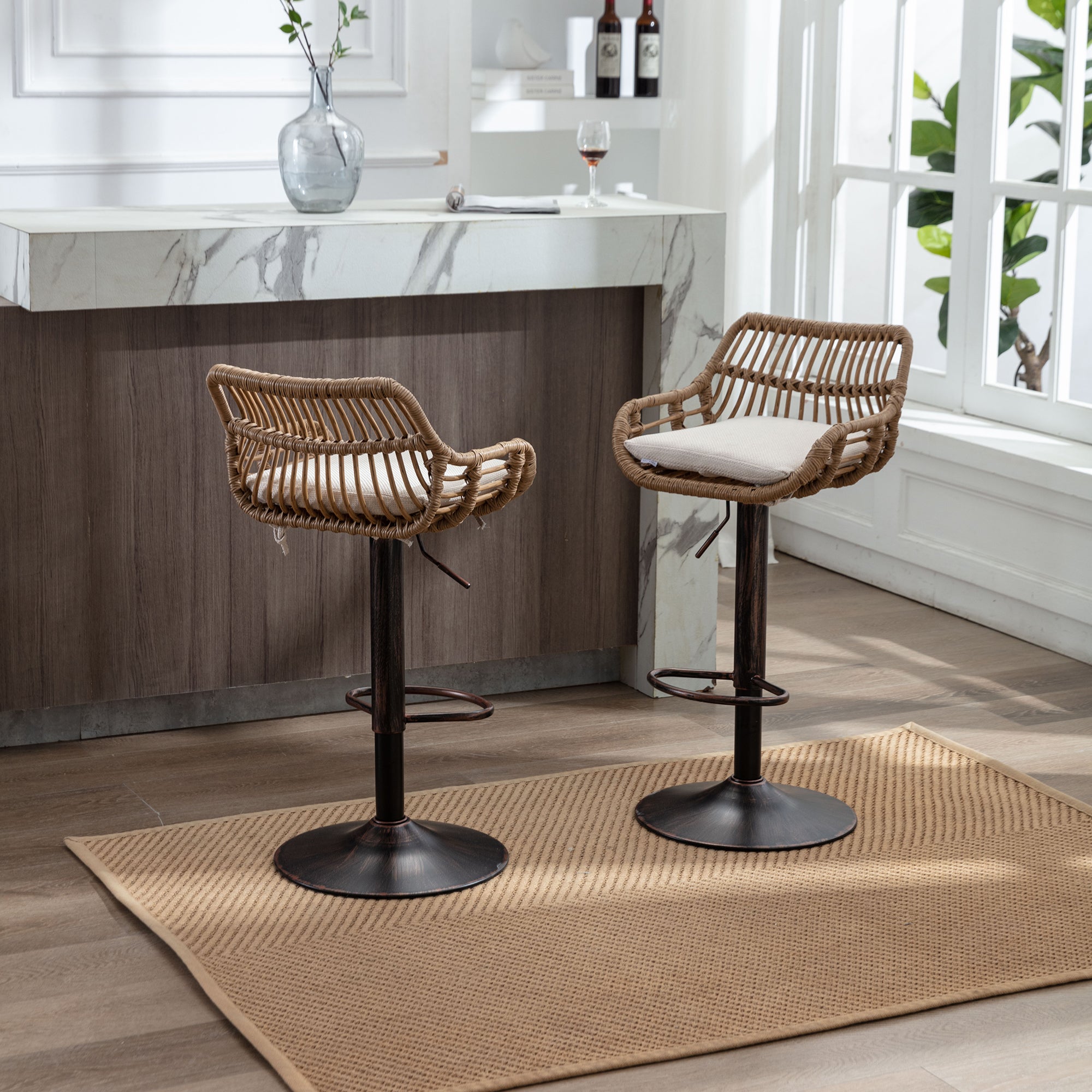 COOLMORE Modern Swivel Bar Stools Set of 2 with Adjustable Counter Height and Footrest in Beige Linen - Grand Goldman Shop