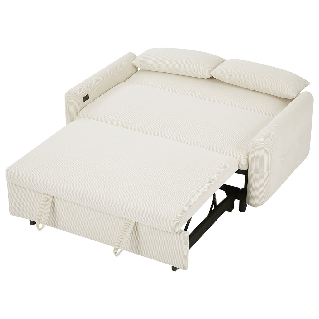 Modern Convertible Pull-out Sofa Bed with USB Ports and Pillows, Beige Corduroy, 57.48 inches - Grand Goldman Shop