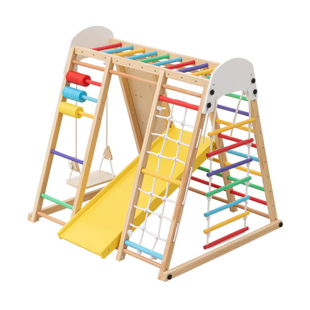 9-in-1 Foldable Kids Climbing Frame & Slide, Wooden Toddler Playground with Swing, Monkey Bars, Climbing Rock, Abacus Game – 