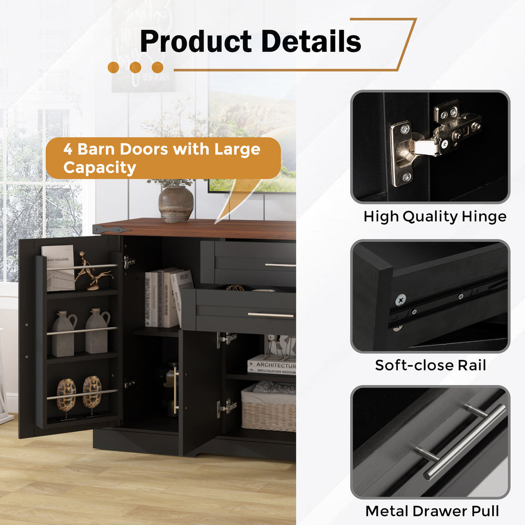 Black Farmhouse Barn Door Storage Cabinet with 2 Drawers & Door Rack, Adjustable Shelves, MDF Construction, 63.11' L x 15.75' W x 32.09' H - Grand Goldman Shop