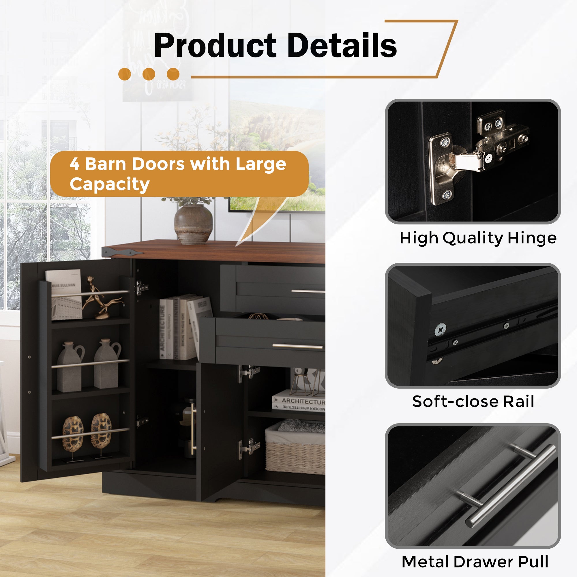Black Farmhouse Barn Door Storage Cabinet with 2 Drawers & Door Rack, Adjustable Shelves, MDF Construction, 63.11' L x 15.75' W x 32.09' H - Grand Goldman Shop