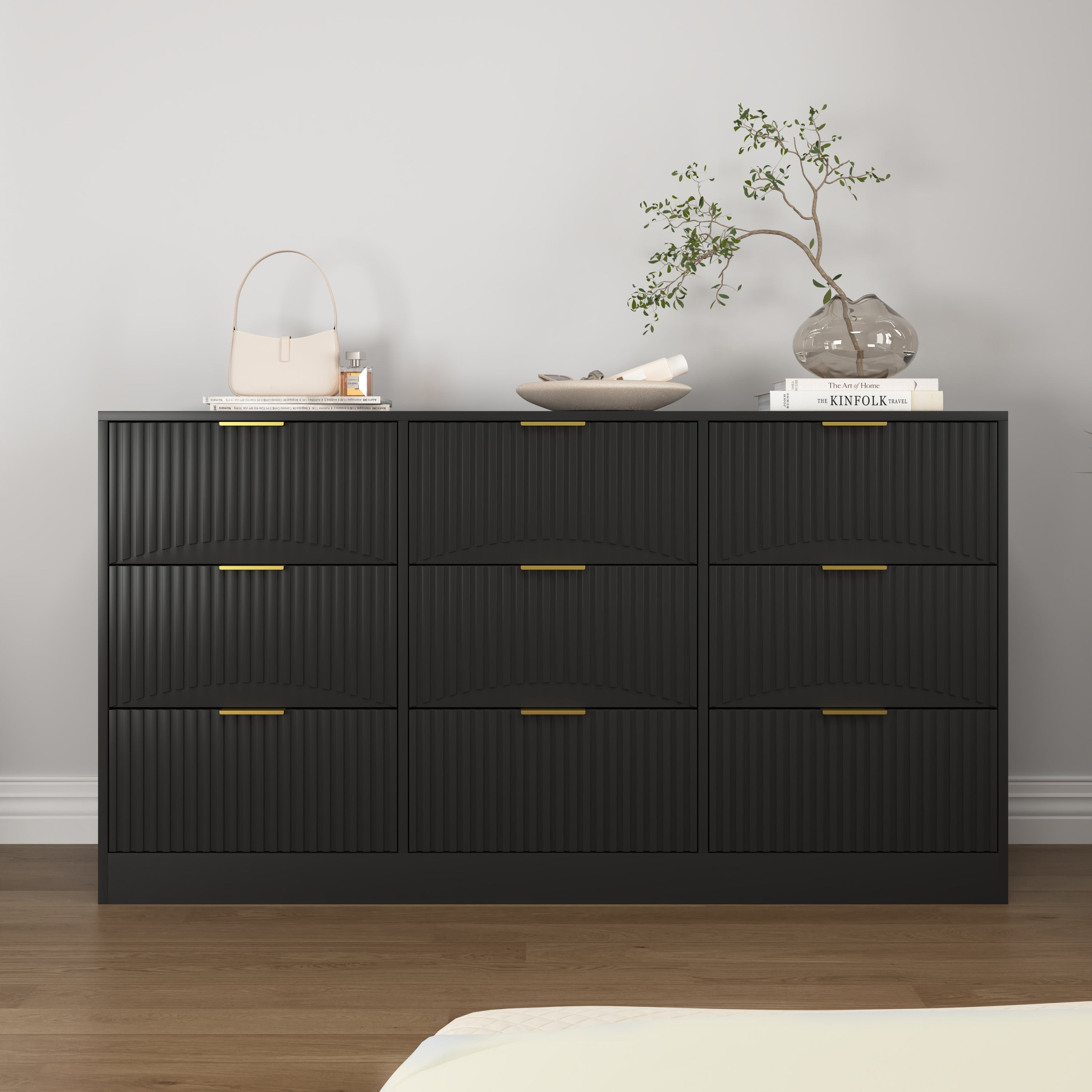 Black 9 Drawer Dresser, 63' Large Deep Chest of Drawers, Wooden Dresser Storage Cabinet with 9 Drawers for Bedroom, Long Dressers for Living Room, Hallway, Drawer panel with wavy patterns - Grand Goldman Shop