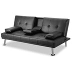 MEGA Futon Sofa Bed, Modern Faux Leather Convertible Folding Lounge Sofa for Living Room with 2 Cup Holders Removable Soft Armrests and Sturdy Metal Legs, Charming Black. - Grand Goldman Shop