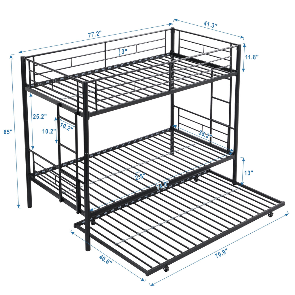 Modern Twin Over Twin Metal Bunk Bed with Trundle Black Durable Space-Saving Design - Grand Goldman Shop
