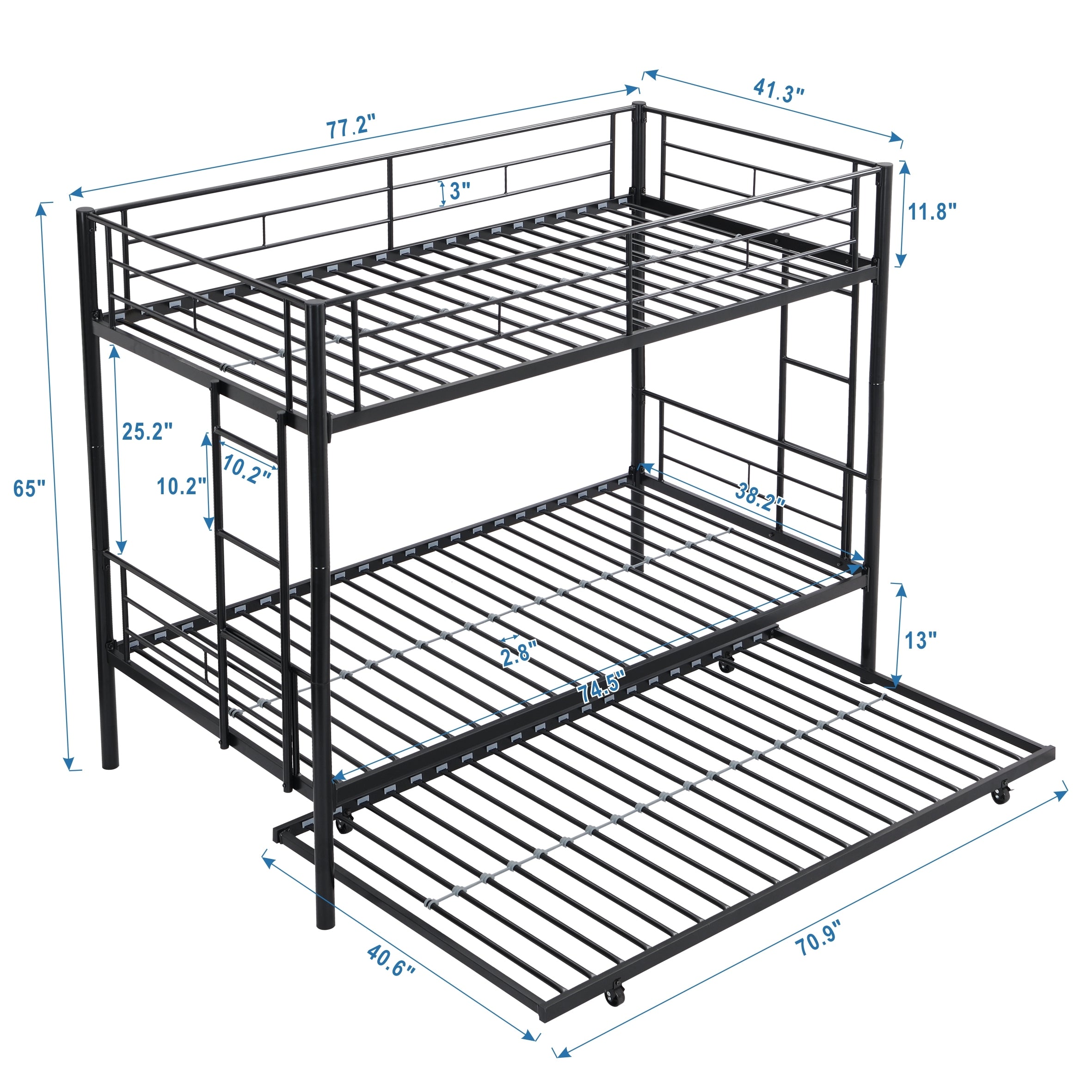 Modern Twin Over Twin Metal Bunk Bed with Trundle Black Durable Space-Saving Design - Grand Goldman Shop