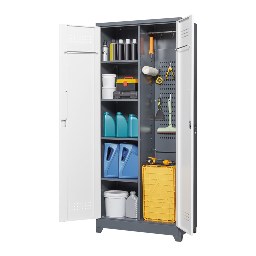 Gray Metal Lockers with Locking Doors, Adjustable Shelves, High Broom Tool Storage Cabinet, 72-Inch Kitchen, Office, Shop Org
