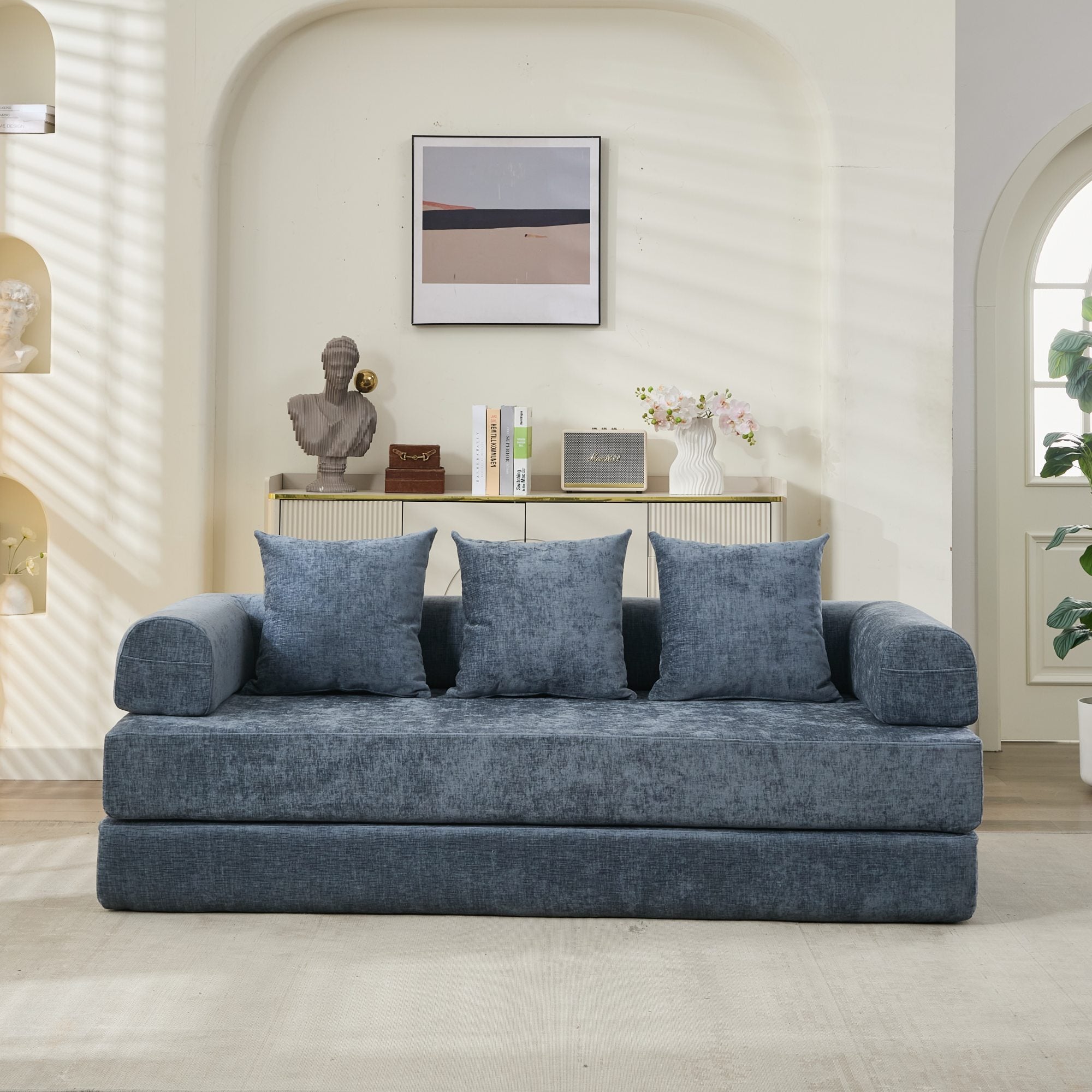 Comfy Convertible Folding Mattress Couch, Floor Sofa Bed, Chenille Floor Sofa with Armrest, Floor Sofa Lounge Couch for Living Room Bedroom Lounge Studio-Blue - Grand Goldman Shop