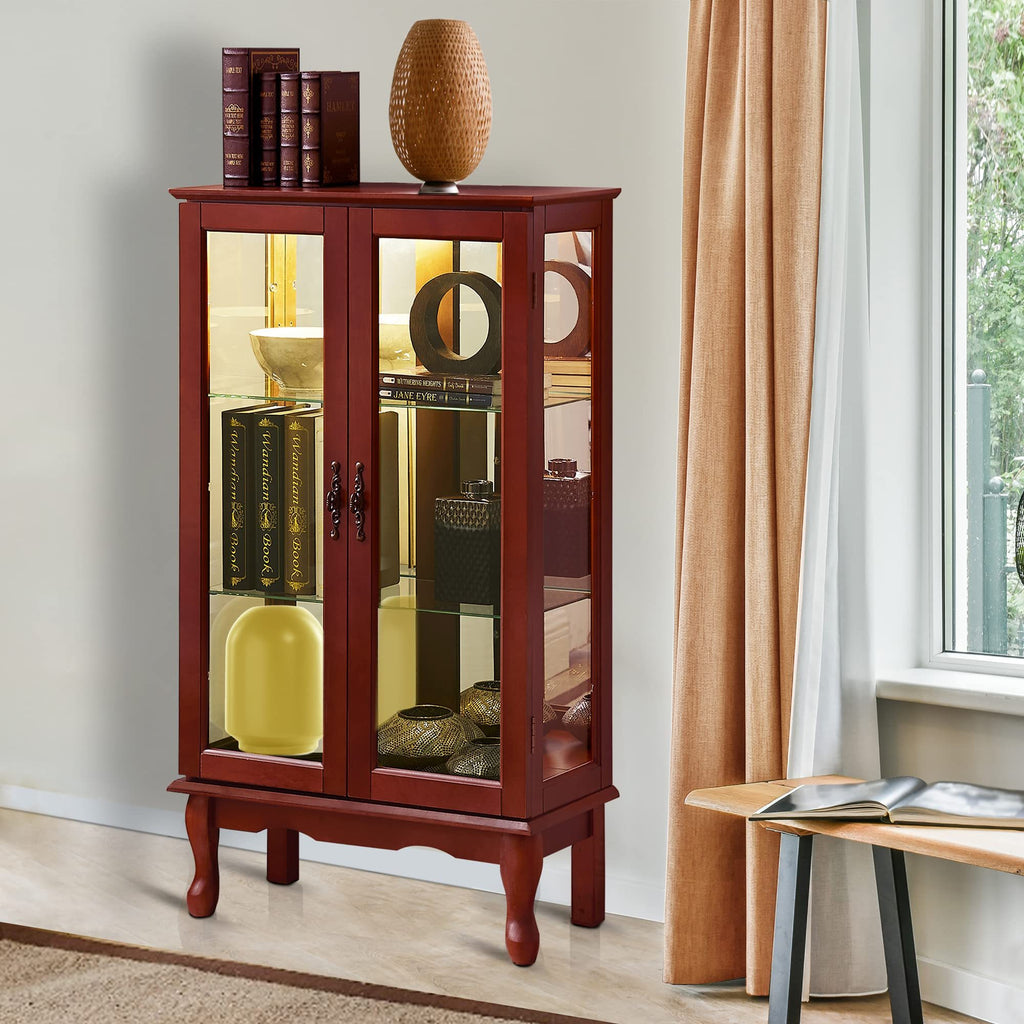 Lighted Curio Cabinet with Adjustable Shelves, Mirrored Back Panel, and Tempered Glass Doors, 3-Tier Cherry Finish - Grand Goldman Shop