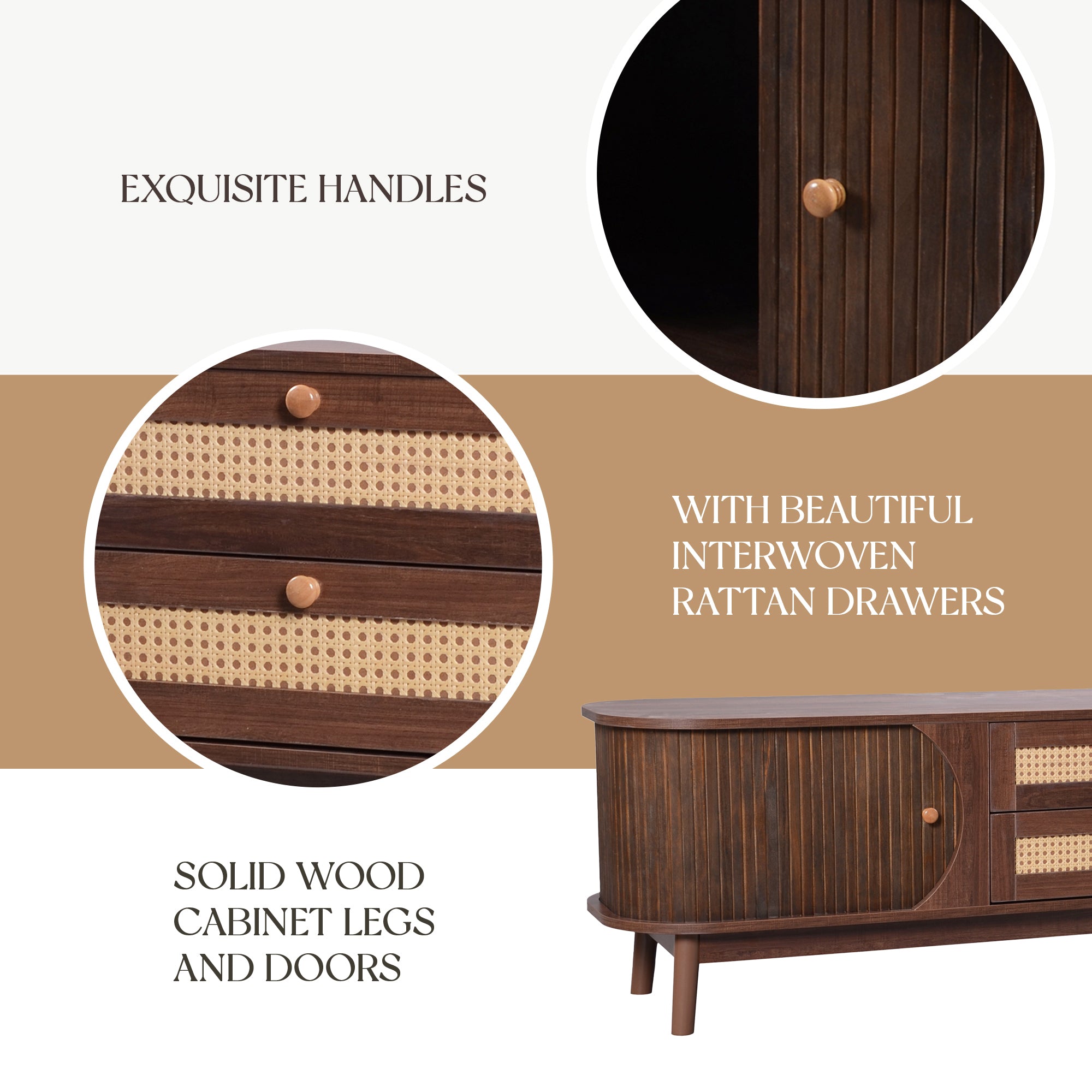 Modern Farmhouse Rattan TV Stand for TVs up to 75'', Natural Wood and Brown Solid Wood Legs, MDF Cabinet with Rattan Drawers and Sliding Doors, 66.93'' L Living Room Entertainment Console - Grand Goldman Shop